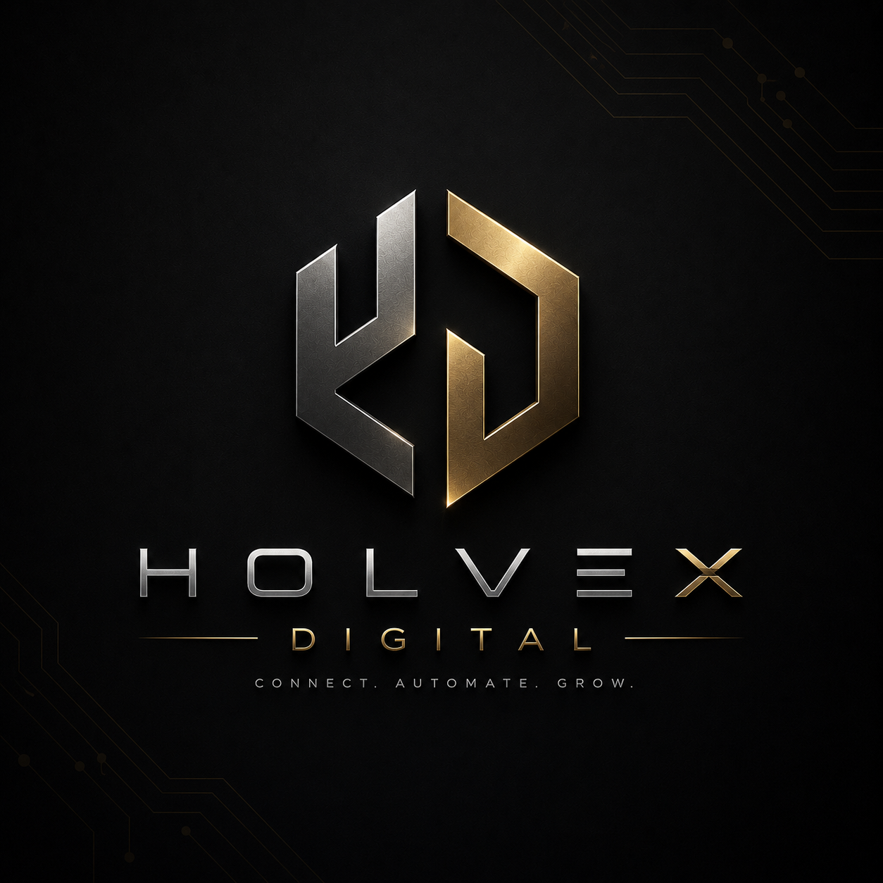 Original Holvex Digital logo in silver and gold — Connect, Automate, Grow